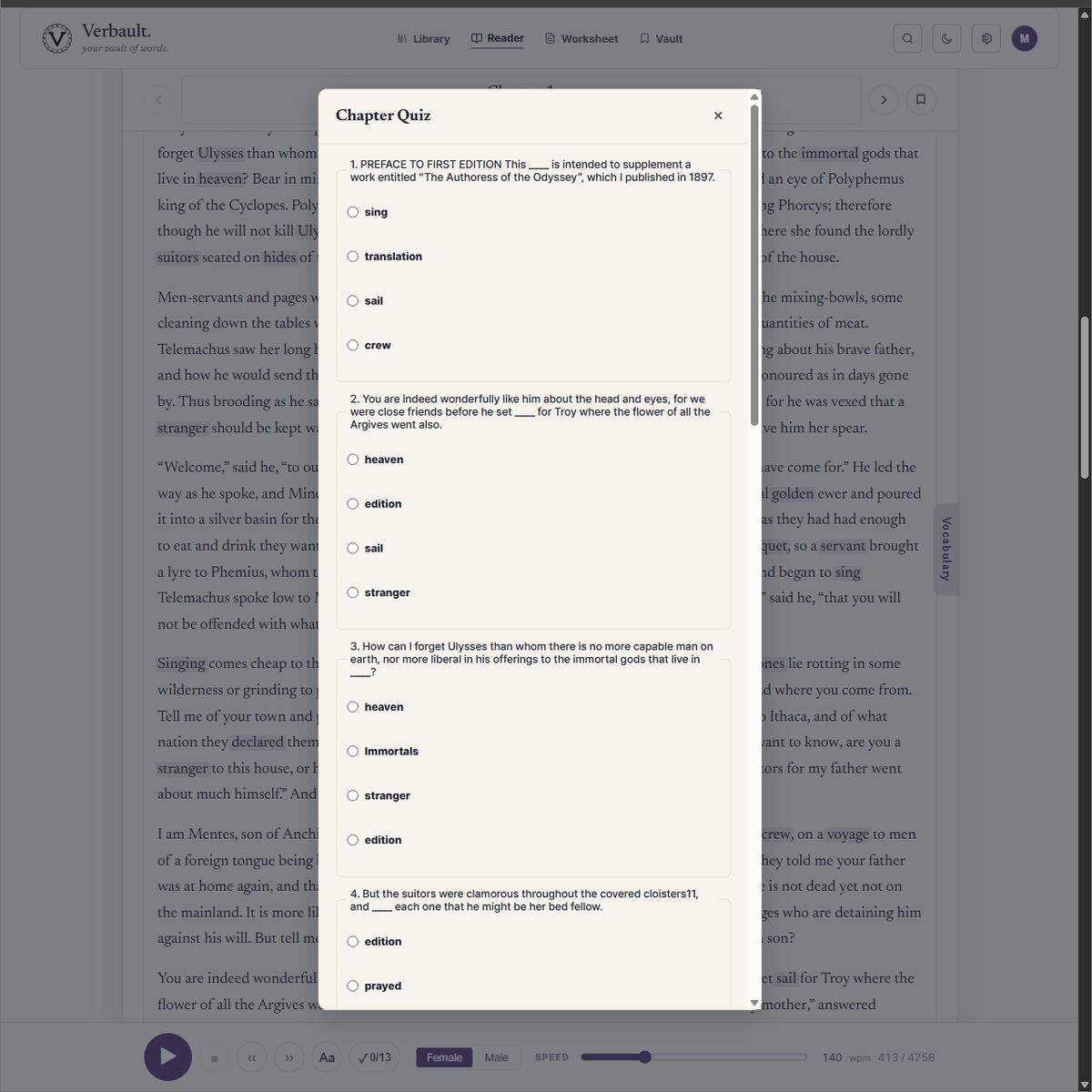 An actual Verbault chapter quiz: four-choice cloze questions built from real sentences in the chapter, open in the Reader with the player bar showing chapter progress below