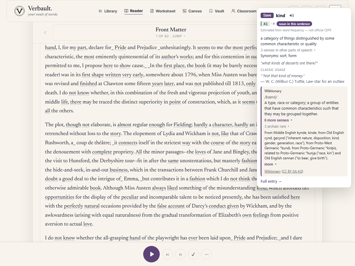 The Verbault Reader open on Pride and Prejudice, with a word tapped to show a popup card giving its meaning in this sentence, its reading level, its synonyms, and a button to hear the word spoken