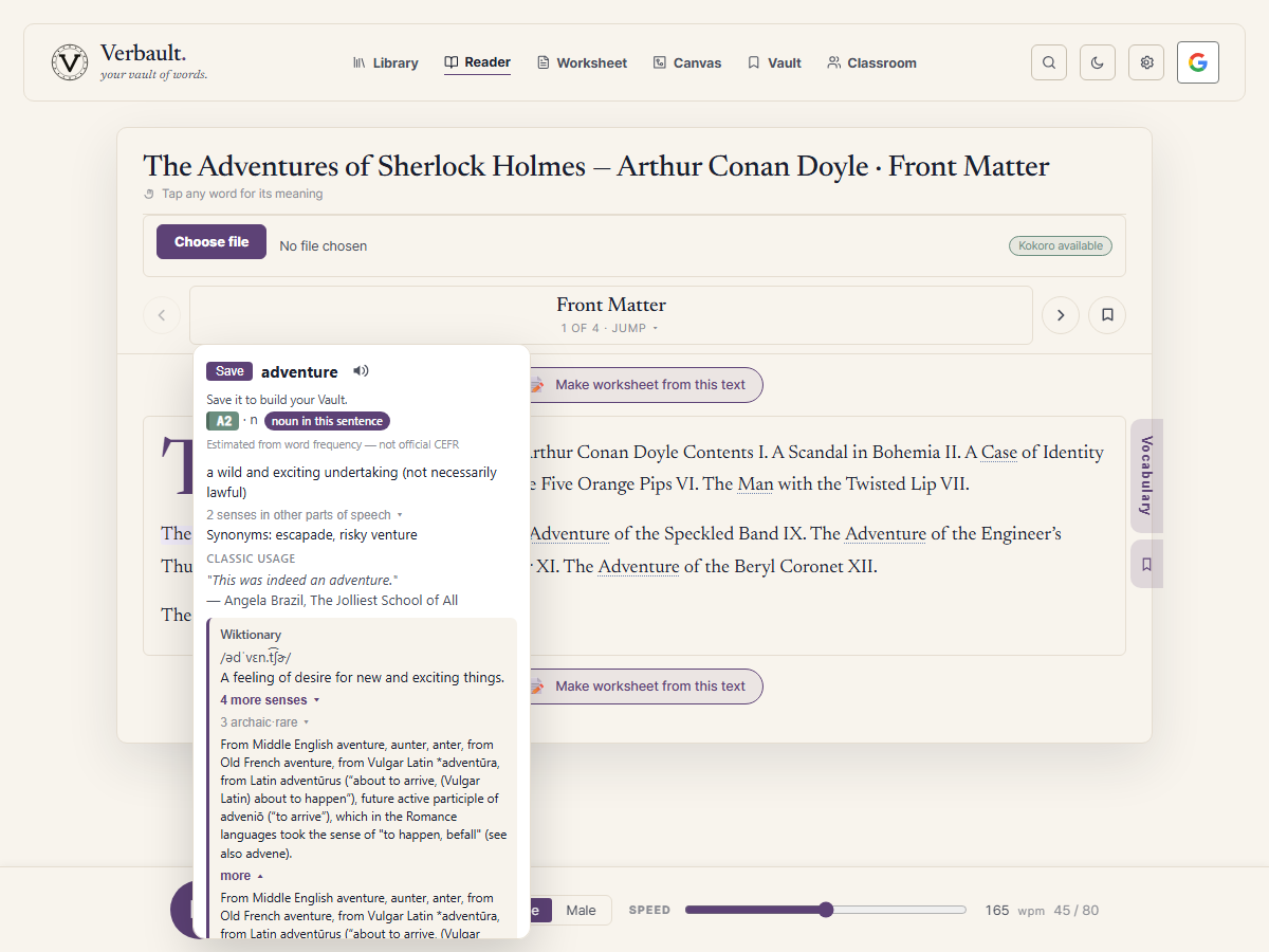 The Verbault Reader open on The Adventures of Sherlock Holmes, with the word adventure tapped to show a definition panel — its reading level, its part of speech in context, the meaning, synonyms, and a line of classic usage — while the word stays underlined in the text behind it