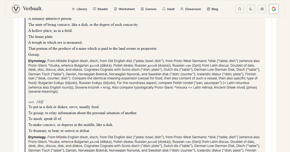 The Verbault word page for dish, scrolled to its etymology, which traces the word to Latin discus and lists desk, disc and dais among its doublets