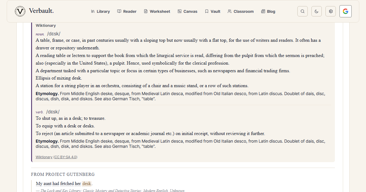 The Verbault word page for desk, scrolled to its etymology, which traces it through Medieval Latin desca and Old Italian desco back to Latin discus, the same root as dish
