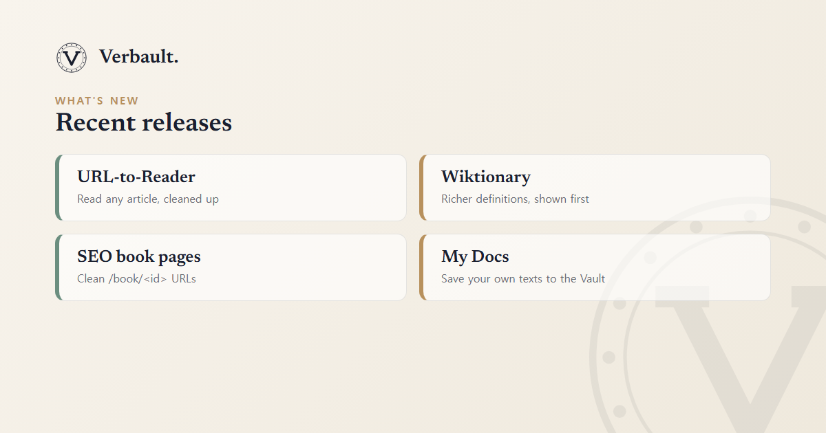 Recent Verbault releases: URL-to-Reader, Wiktionary definitions, SEO book pages, and My Docs