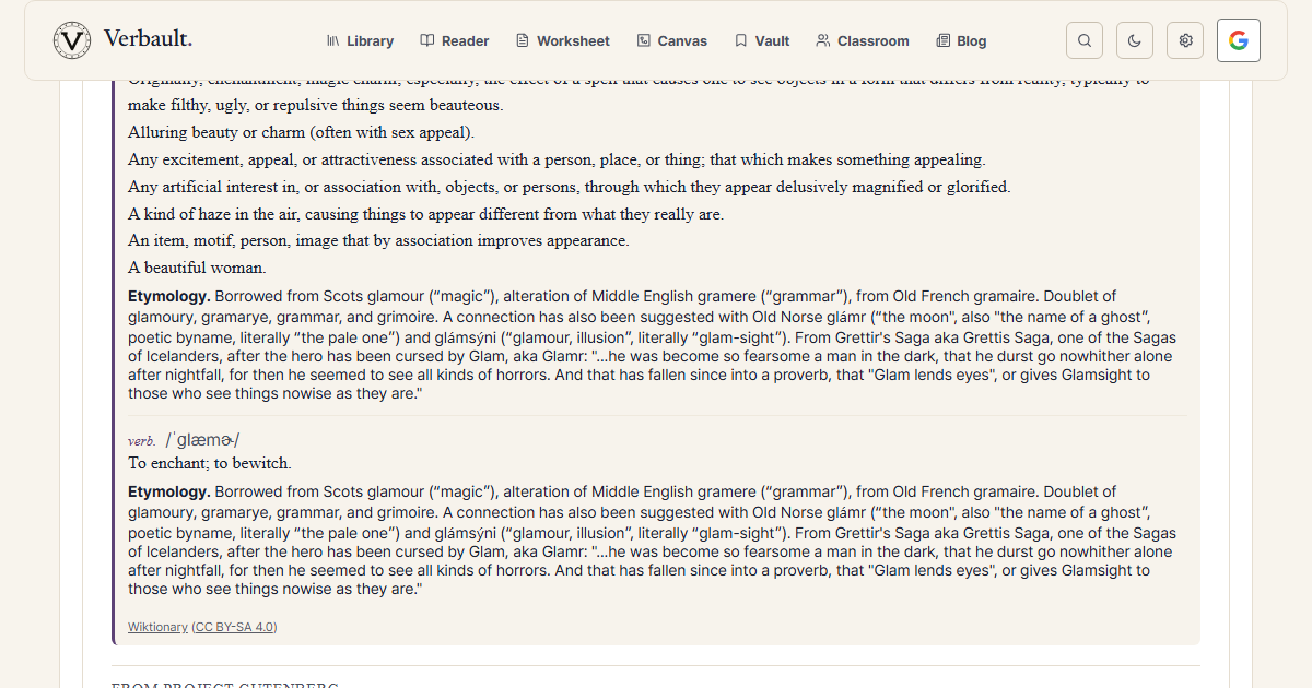 The Verbault word page for glamour, scrolled to its origin, which traces the word to Scots glamour meaning "magic," an alteration of Middle English gramere, "grammar"
