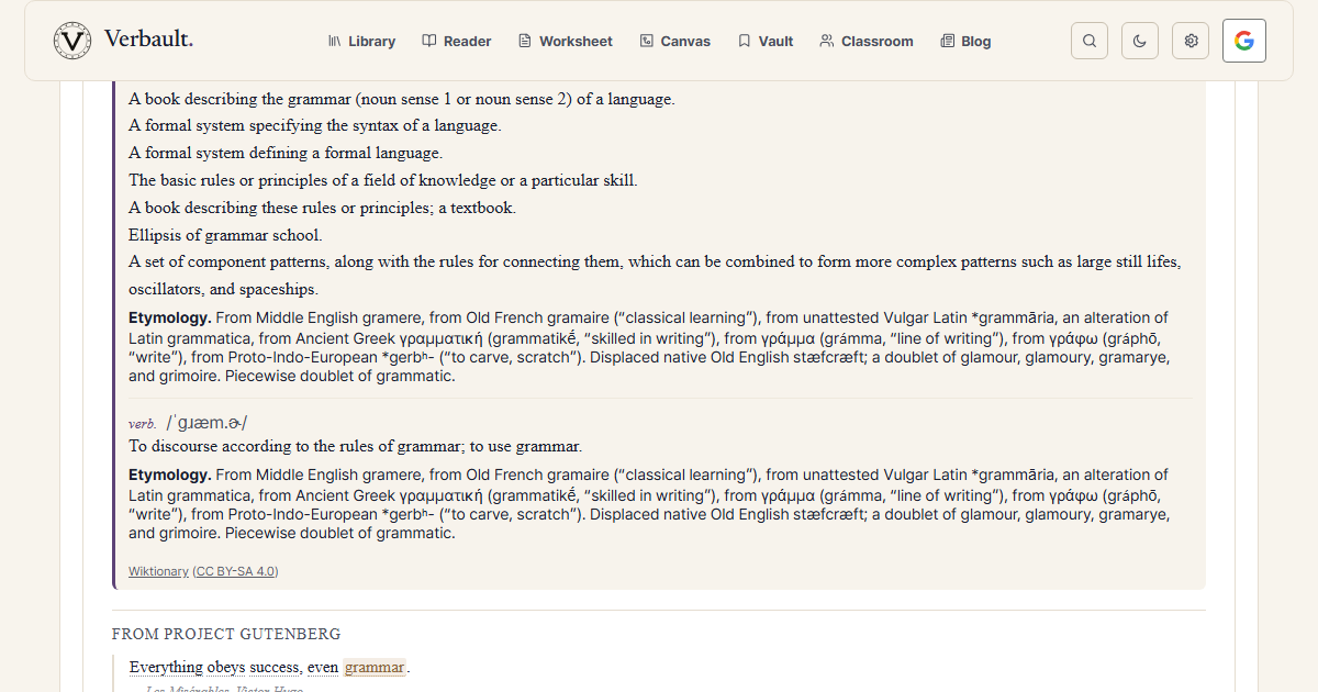 The Verbault word page for grammar, scrolled to the end of its origin, which notes that grammar is "a doublet of glamour, glamoury, gramarye, and grimoire"