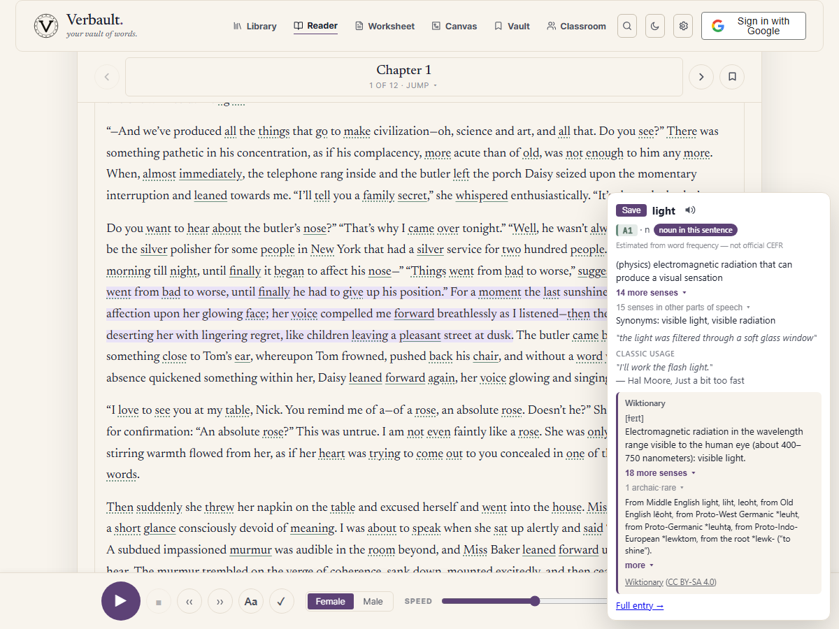 The Verbault Reader open on The Great Gatsby, with the word "light" tapped to show its reading-level badge, its part of speech in this sentence, and the meaning that fits the context