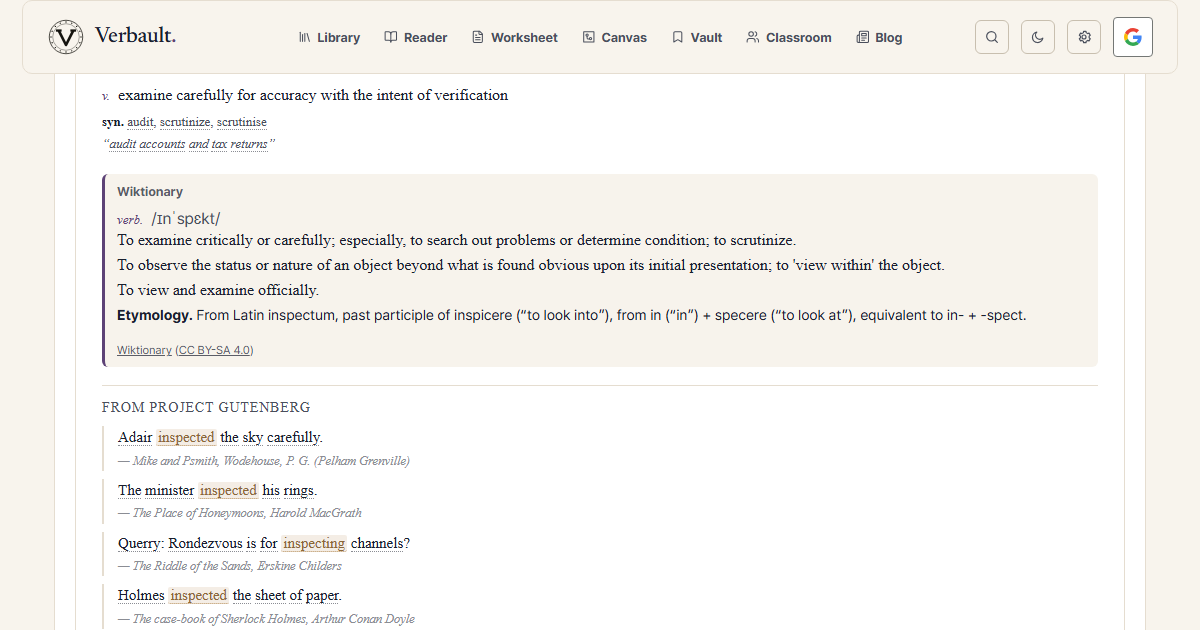 The Verbault word page for the verb inspect, scrolled to its etymology section, which traces the word to Latin in- ("in") plus specere ("to look at") — the shared root spect, meaning "to look"