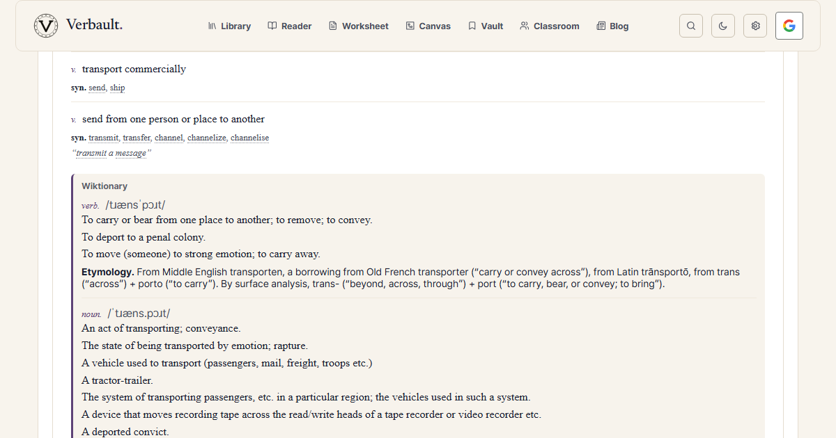 The Verbault word page for transport, scrolled to its etymology section, which traces it to Latin trans ("across") plus porto ("to carry") — the shared root port, meaning "to carry"