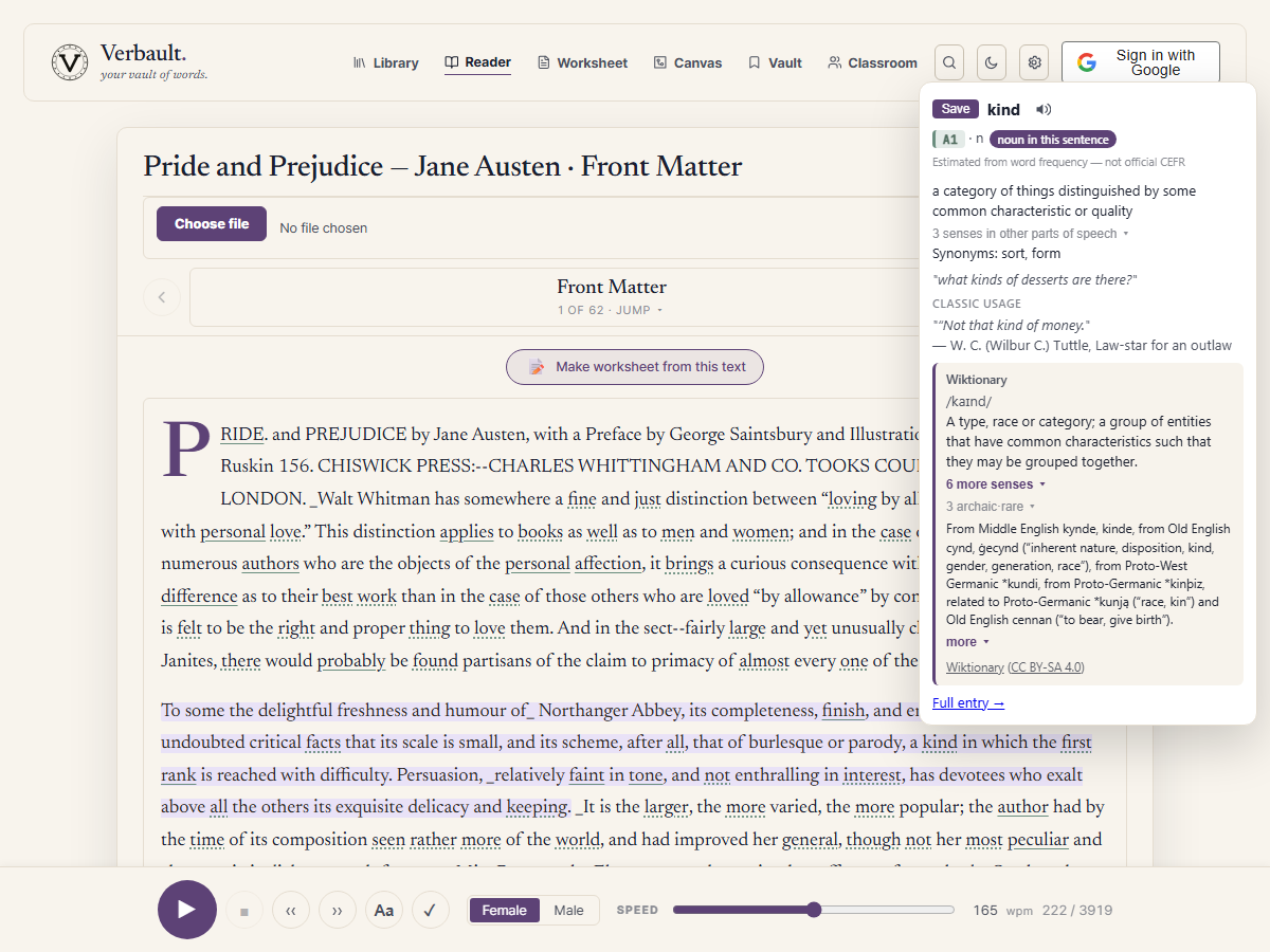 The Verbault Reader open on Pride and Prejudice, with a word tapped to show a small card giving its reading level, its part of speech in this sentence, and the meaning that fits the context, beside a button to hear the word read aloud