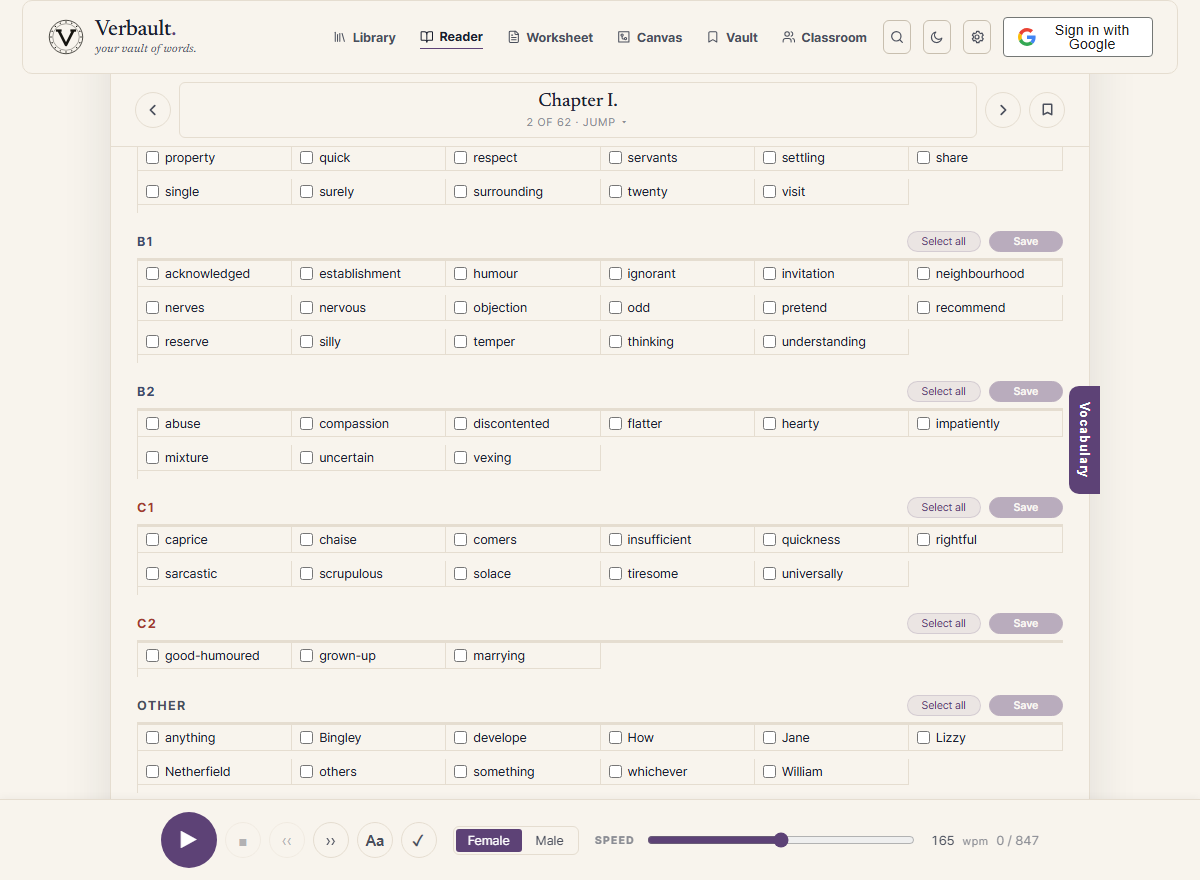 The Verbault Reader's Vocabulary tab open over Pride and Prejudice, listing the words from the passage as a grid of checkboxes grouped by reading level, with a Save button that adds the checked words to a personal vocabulary list