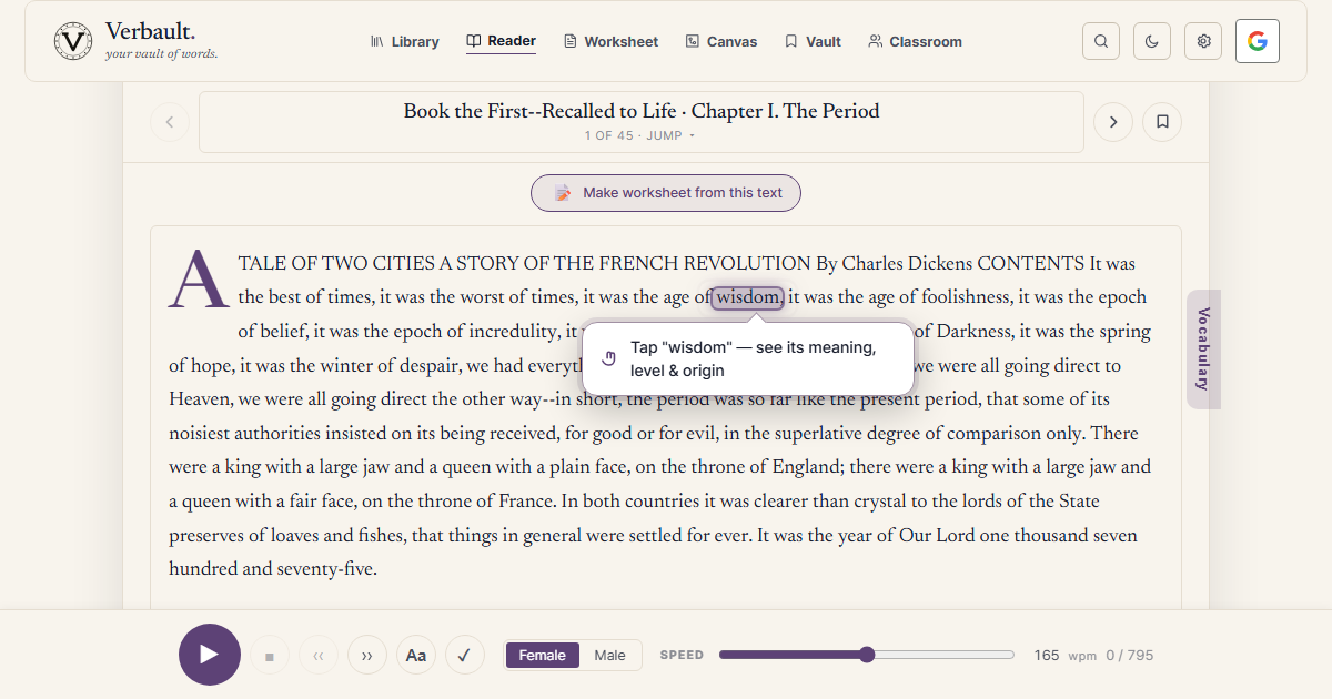 A Tale of Two Cities open in the Verbault Reader at Chapter I, showing Dickens's long opening sentence — "It was the best of times, it was the worst of times..." — as one continuous block, with the read-aloud player bar below and a tooltip inviting you to tap a word for its meaning
