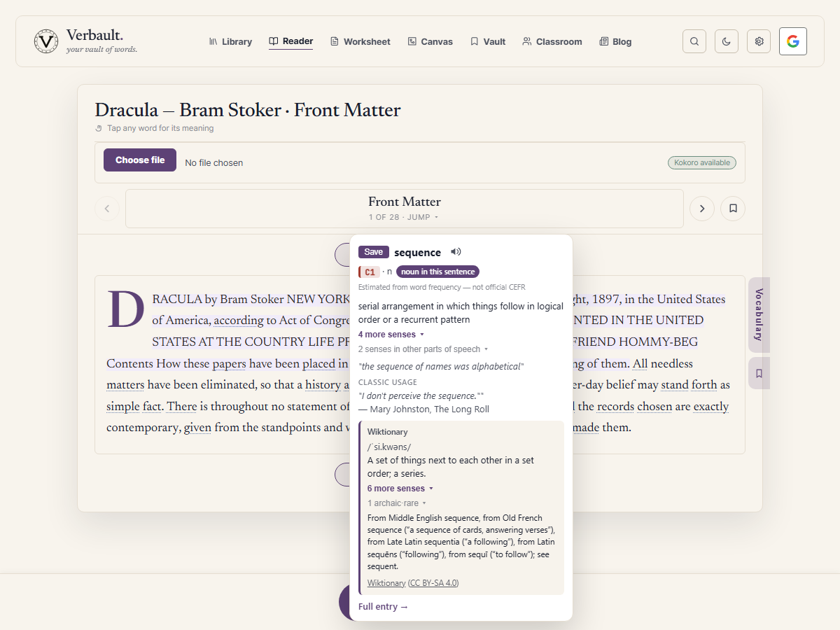 The Verbault Reader open on Dracula with a tapped word's definition card showing its reading level and the meaning that fits the sentence, in place without leaving the page