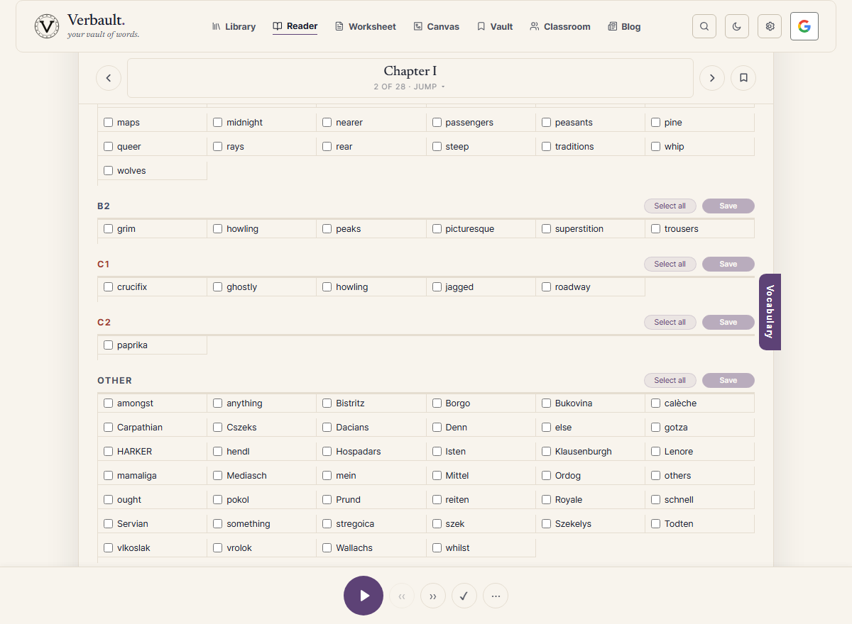 The Verbault Reader Vocabulary tab open over Dracula, listing the book's words grouped by reading level with checkboxes to select words and a Save button