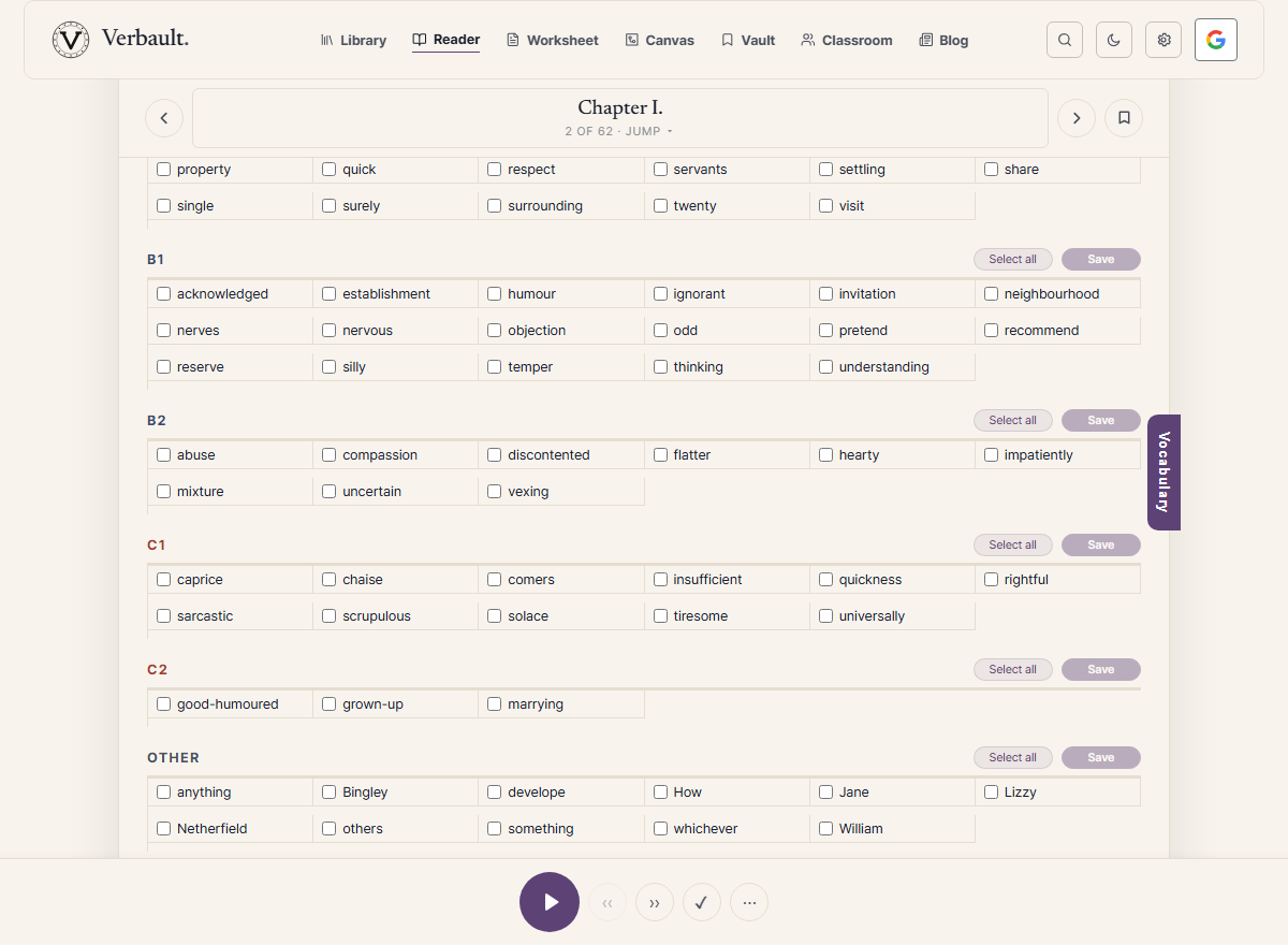The Verbault Reader Vocabulary tab open over Pride and Prejudice, showing the book's words gathered and grouped by reading level, with an intermediate group of words and its Save button in view