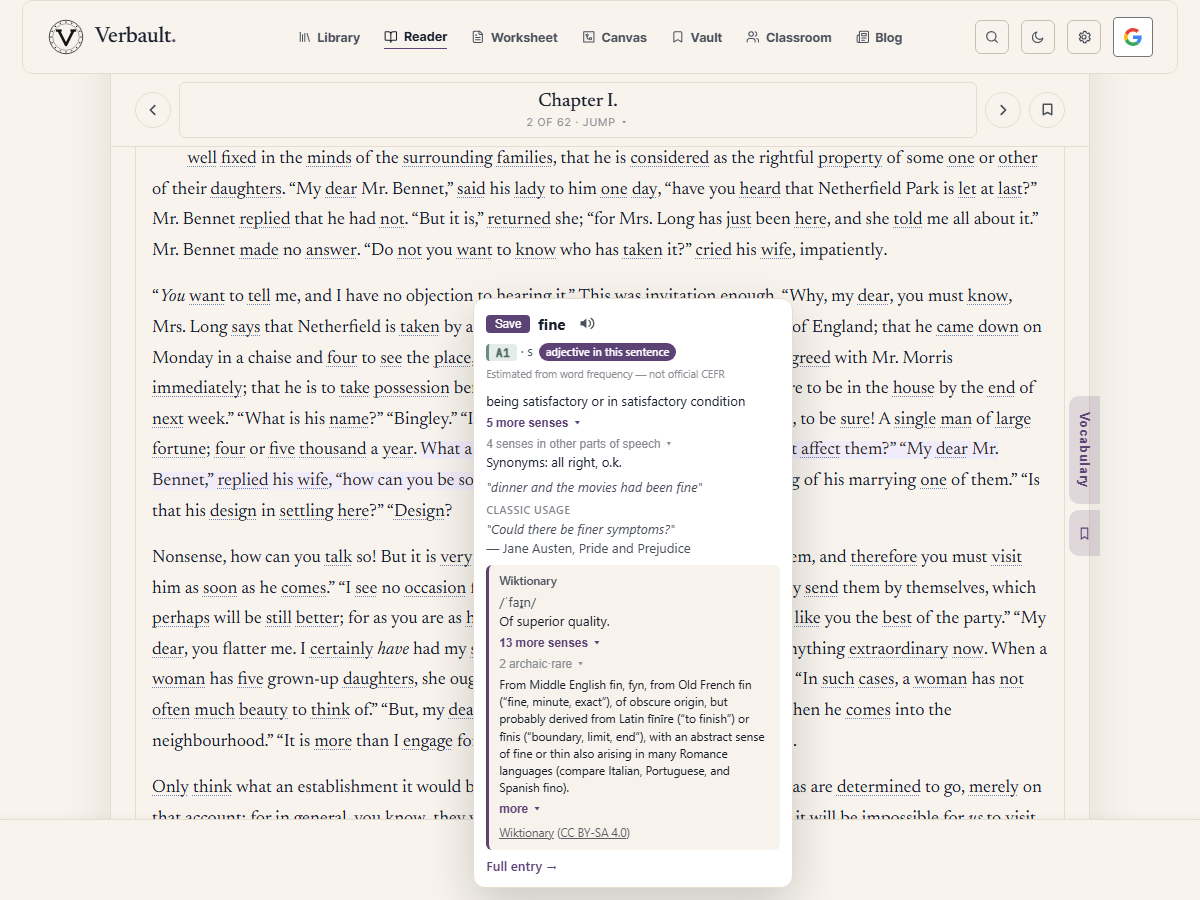 The Verbault Reader open on Pride and Prejudice with a tapped word's card showing its reading level, the meaning that fits the sentence, and a button to hear the word spoken