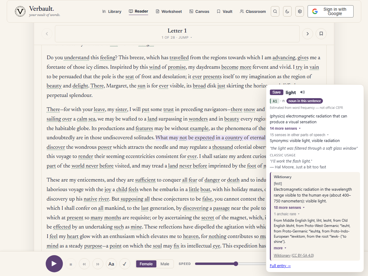 The Verbault Reader with a word tapped inside a sentence: a popup card shows the meaning that fits this sentence at the top, with the word's other senses tucked one tap below under small toggles