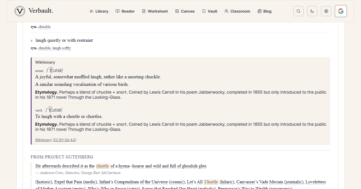 The Verbault word page for chortle, scrolled to its etymology, which reads that the word is "perhaps a blend of chuckle + snort," coined by Lewis Carroll in Jabberwocky and first printed in Through the Looking-Glass