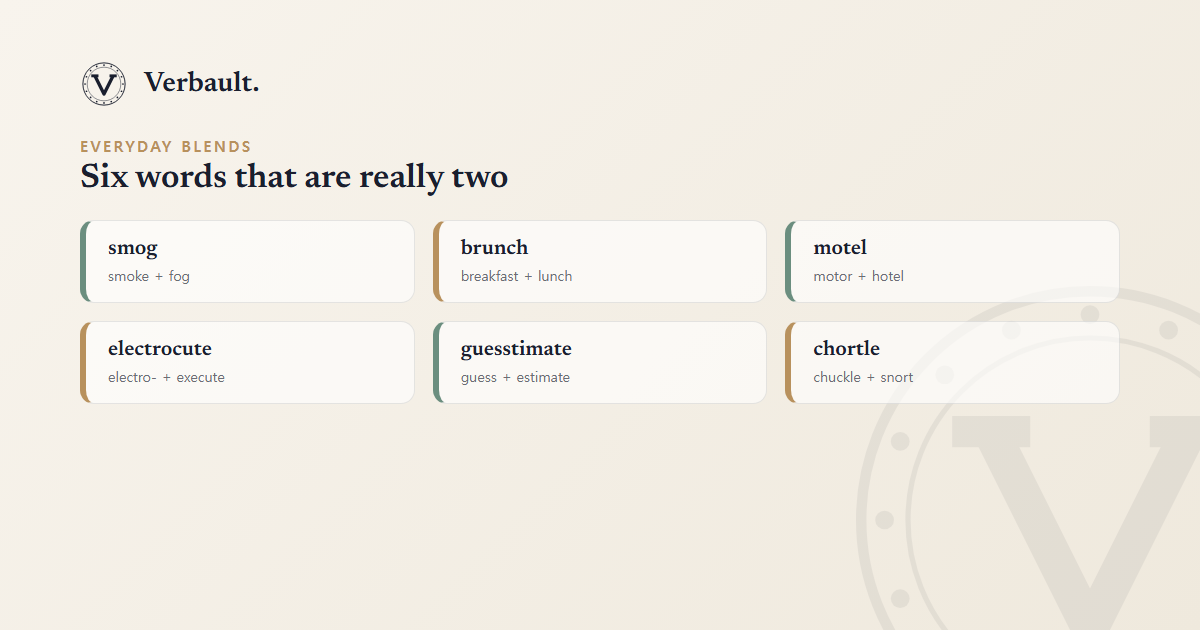 A field-guide card grid titled "Everyday blends," pairing six portmanteau words with the two words each was made from: smog (smoke + fog), brunch (breakfast + lunch), motel (motor + hotel), electrocute (electro- + execute), guesstimate (guess + estimate), and chortle (chuckle + snort)