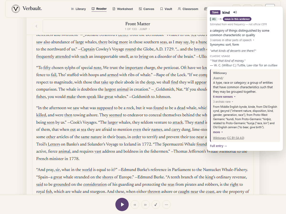 The Verbault Reader open on Moby-Dick, with a word tapped to show a popup giving its reading level and the meaning that fits this sentence, beside a button to hear it read aloud