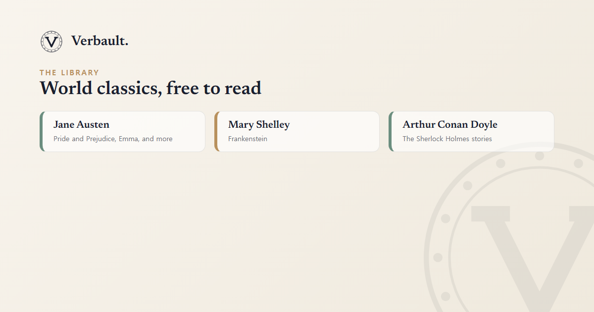 A sample of authors in the Verbault library: Jane Austen, Mary Shelley, and Arthur Conan Doyle