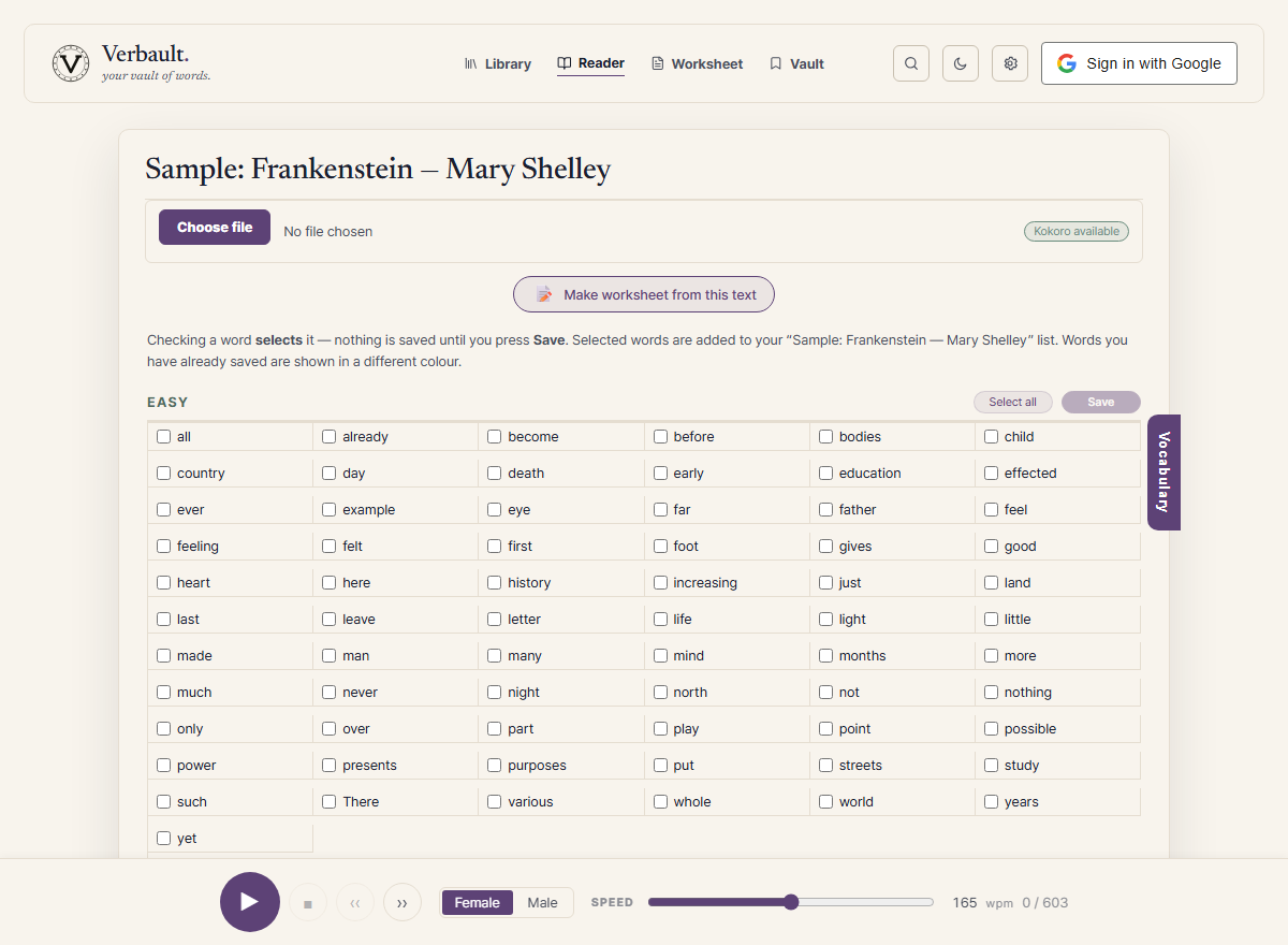 The Vocabulary panel open over a chapter of Frankenstein, with words grouped by reading level and a save button for each group