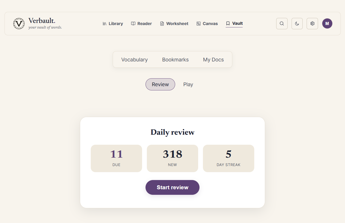 The Review tab's daily summary: eleven cards due, 318 new words available, a five-day streak, and a Start review button