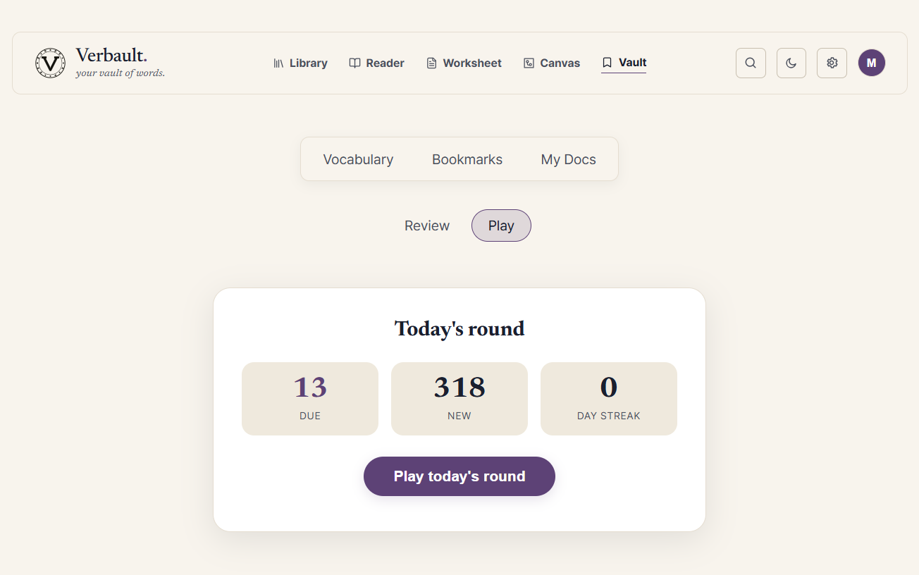 The Play tab's Today's round screen, showing cards due, new words available, the day streak, and a Play today's round button