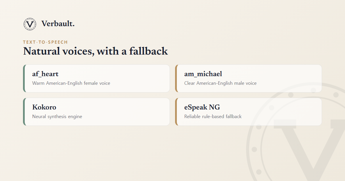 Verbault text-to-speech voices and engines: the af_heart and am_michael voices, the Kokoro neural engine, and the eSpeak NG fallback