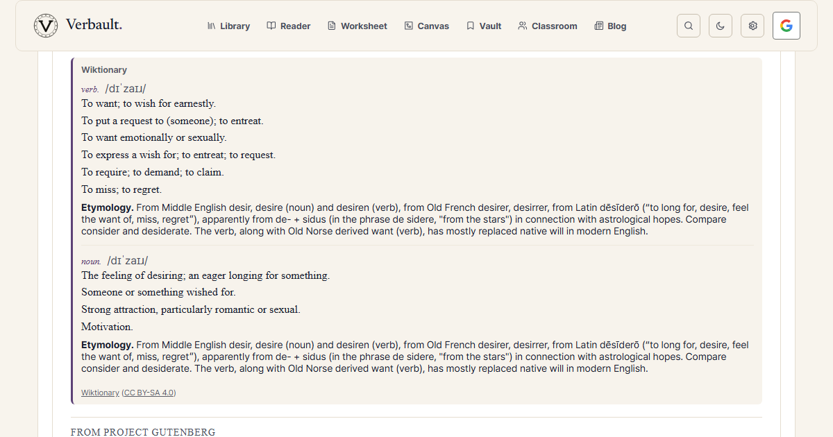 The Verbault word page for desire, scrolled to its origin, which traces the word — with a cautious "apparently" — to the Latin phrase de sidere, "from the stars," in connection with astrological hopes