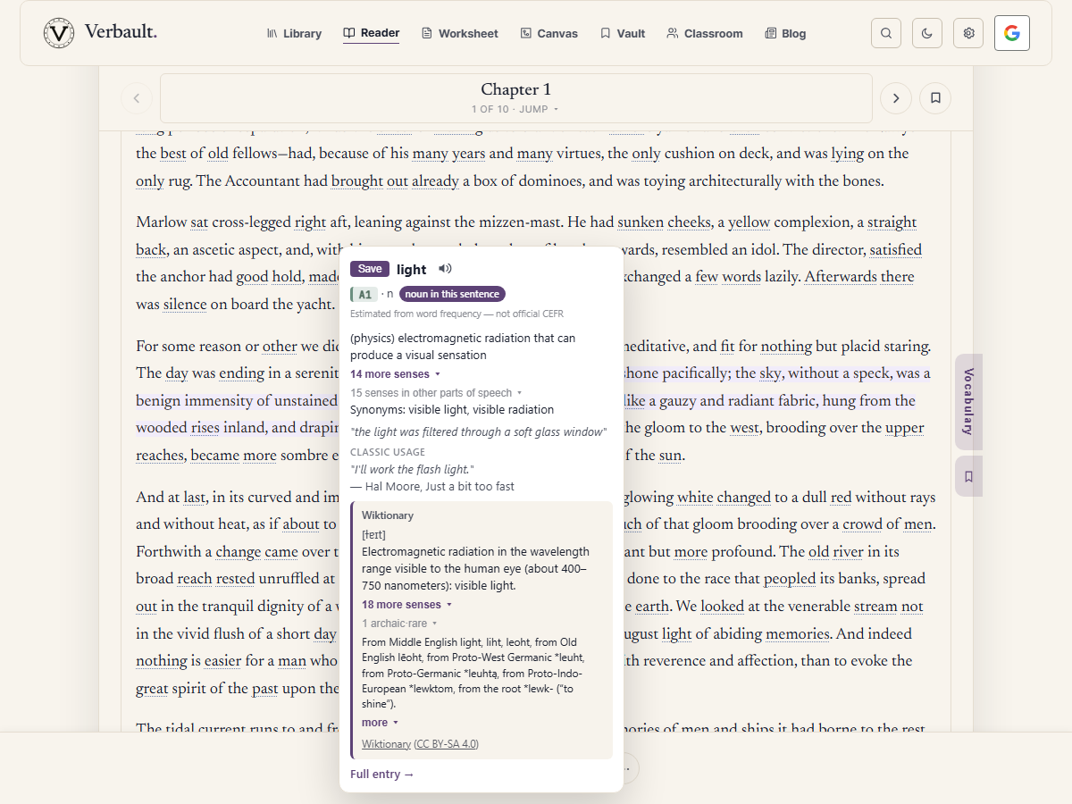 The Verbault Reader open on a classic novel, with one word tapped to show a small card giving its reading level, part of speech, and the meaning that fits the sentence
