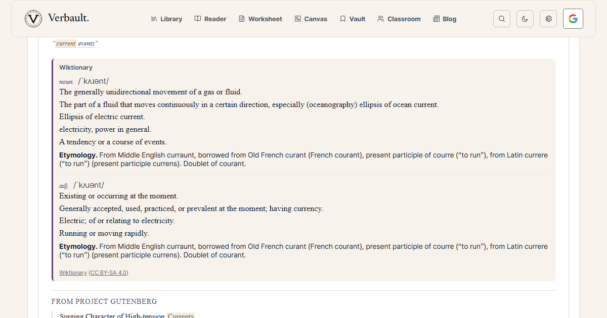 The Verbault word page for current, scrolled to its etymology, which traces the word to the Latin verb currere meaning "to run"