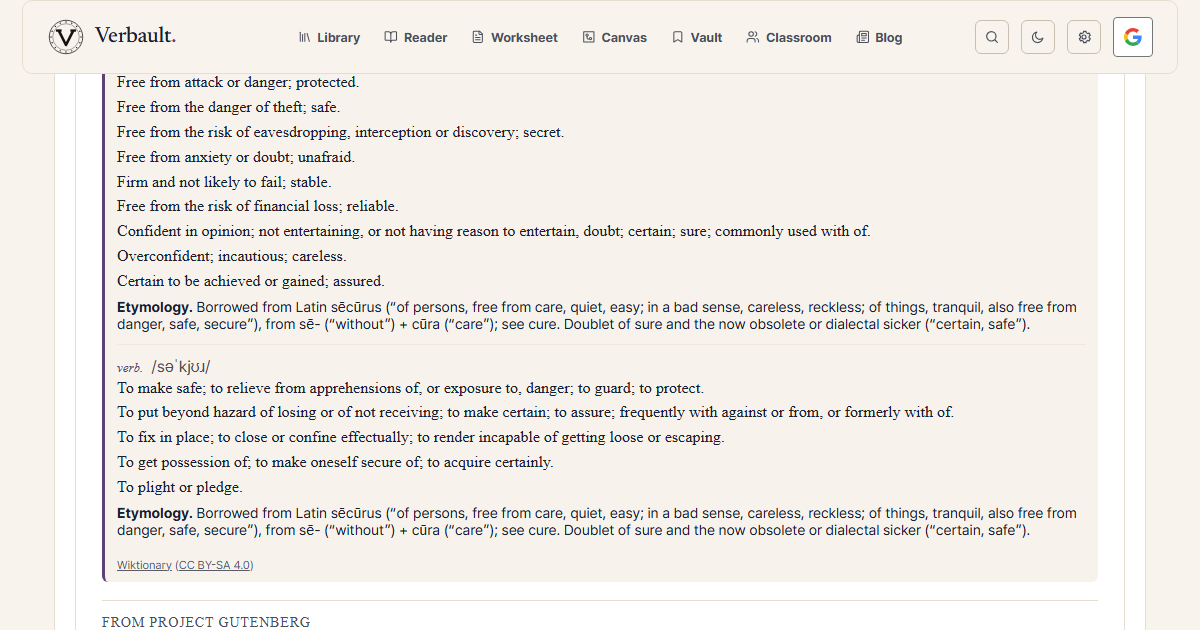 The Verbault word page for secure, scrolled to its etymology, which traces the word to Latin securus — se- "without" plus cura "care" — not the "run" root behind current and occur