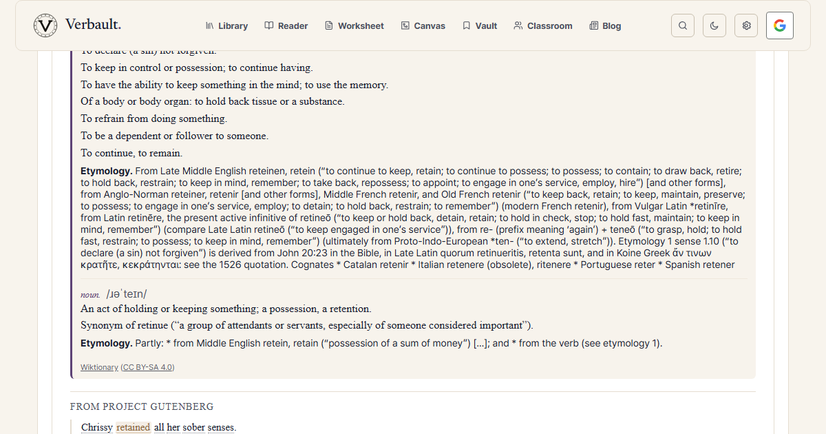 The Verbault word page for the verb retain, scrolled to its etymology, which traces the word to the Latin verb teneo ("to hold") after the prefix re-