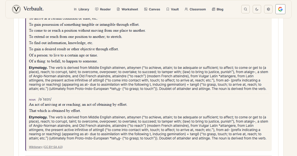 The Verbault word page for the verb attain, scrolled to its etymology, which traces the word to Latin tango ("to touch") — not the "hold" root behind contain and retain