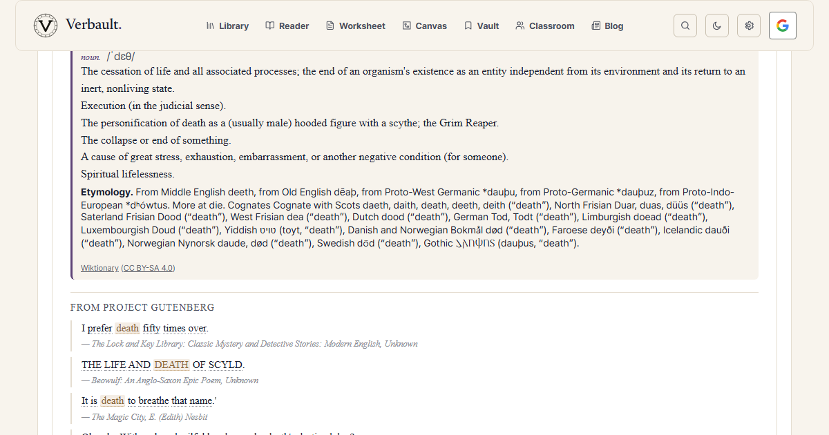 The Verbault word page for death, scrolled to its origin line, tracing the word from Old English dēaþ back through Proto-Germanic and Proto-Indo-European roots and pointing to the related verb die