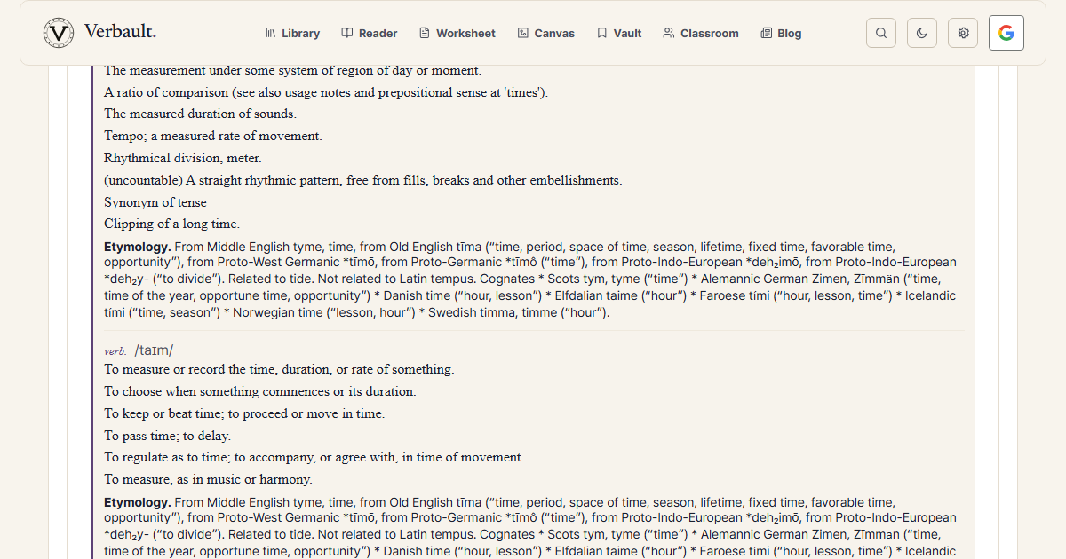 The Verbault word page for time, scrolled to its origin line, tracing the word through Old English tima to a Proto-Indo-European root meaning "to divide" and noting that it is related to tide