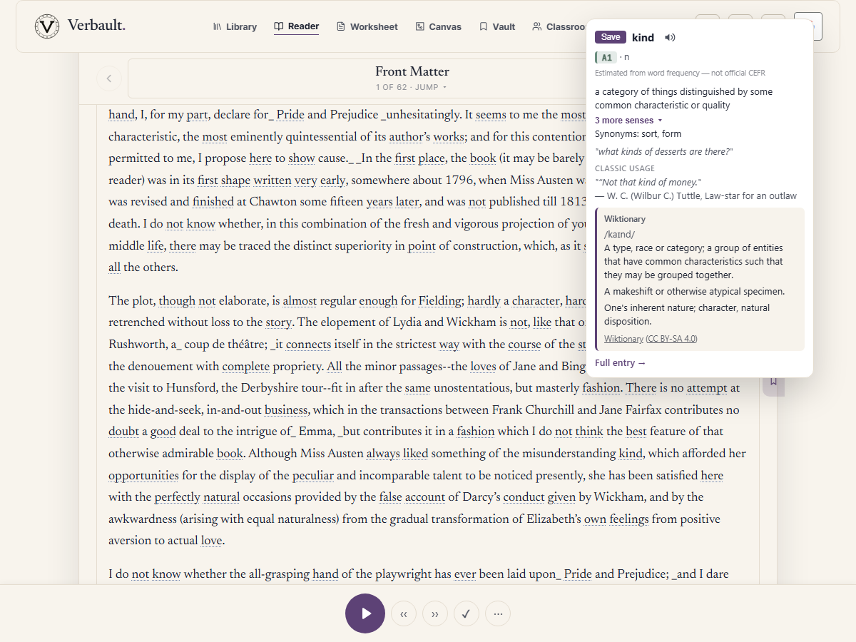 The Verbault Reader open on Pride and Prejudice, with the word "kind" tapped: a definition card shows its reading level, the sense that fits the sentence, its synonyms, and a button to hear it read aloud