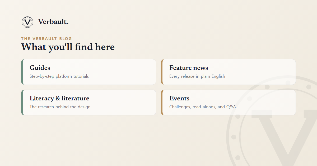 What you'll find on the Verbault blog: guides, feature news, literacy and literature, and events