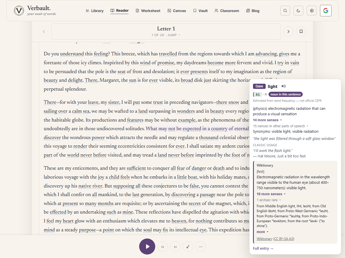 The Verbault Reader showing a tapped word in Frankenstein with its definition card: the word's reading level and the meaning that fits the sentence, shown in place without leaving the page