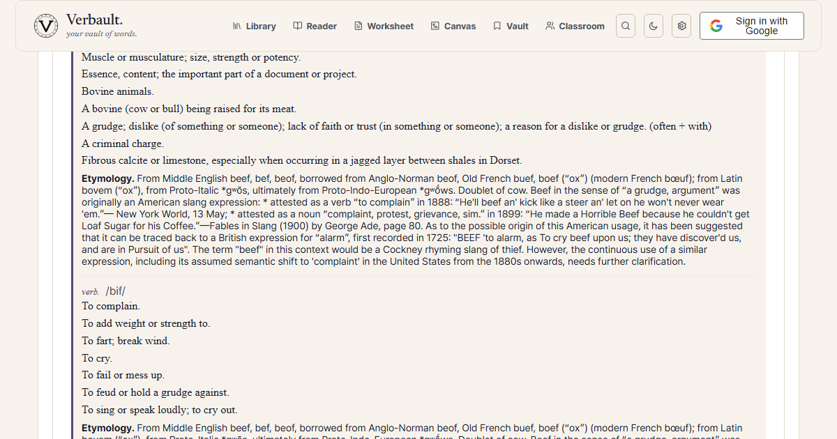 The Verbault word page for beef, scrolled to its Etymology section, which traces the word back through Anglo-Norman beof and Old French buef, meaning ox, to the Latin bovem