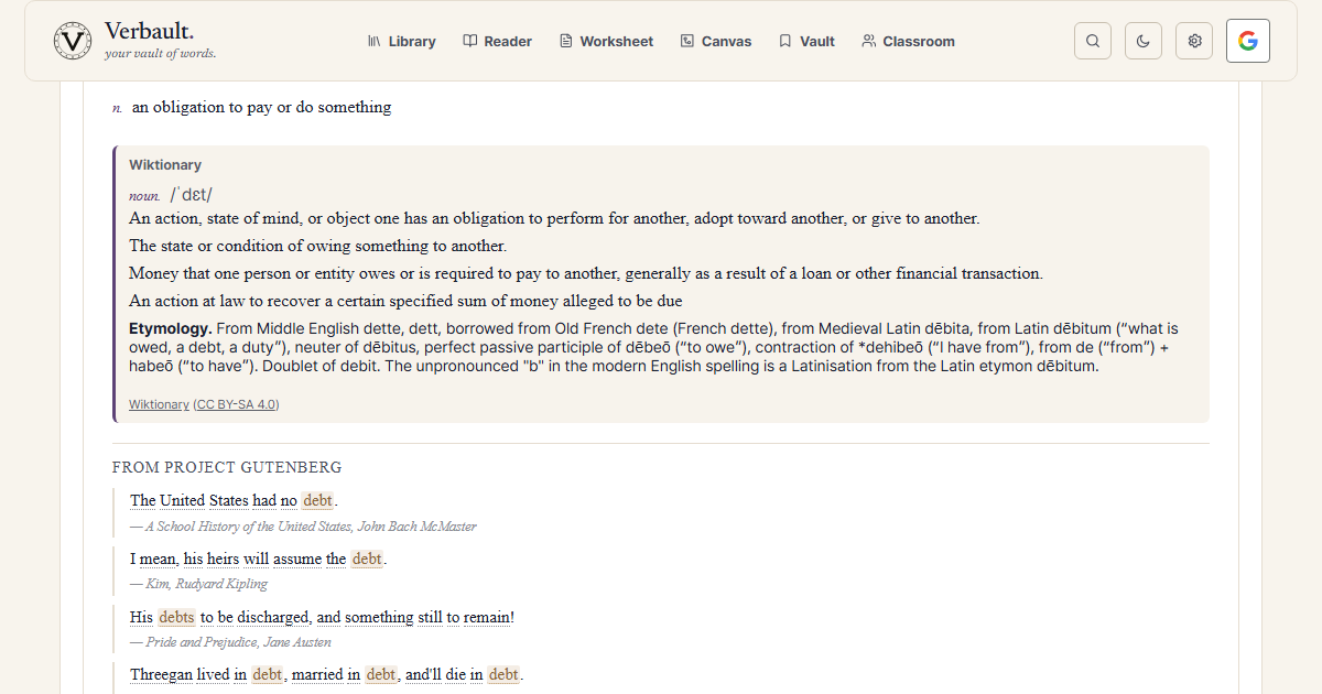 The Verbault word page for debt, scrolled to its etymology, which traces the word to Latin debitum and explains that the silent b is a later Latinisation that was never reflected in pronunciation