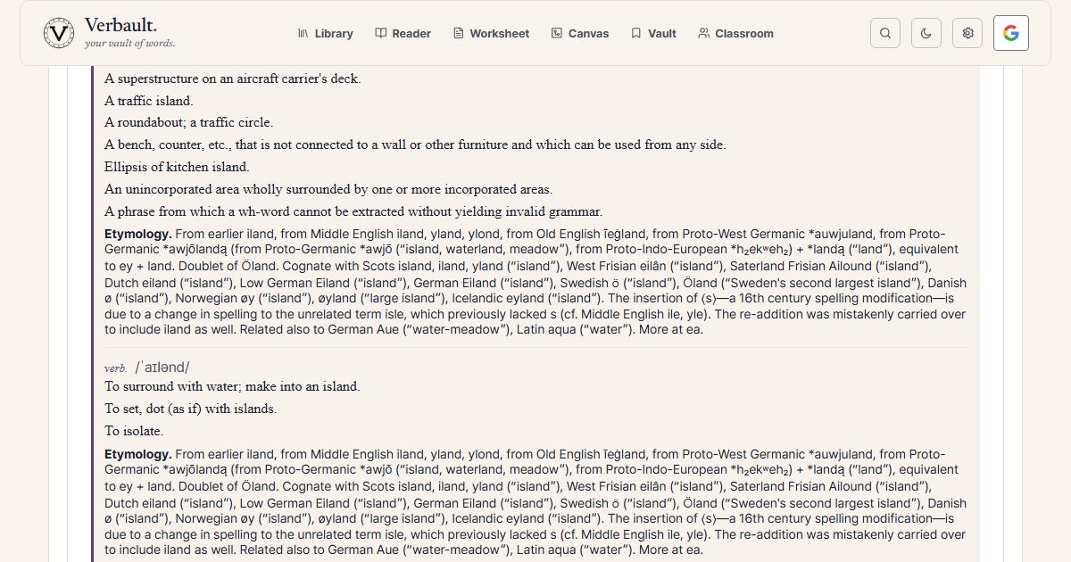 The Verbault word page for island, scrolled to its etymology, which explains that the silent s was added in the sixteenth century by mistaken association with the unrelated word isle
