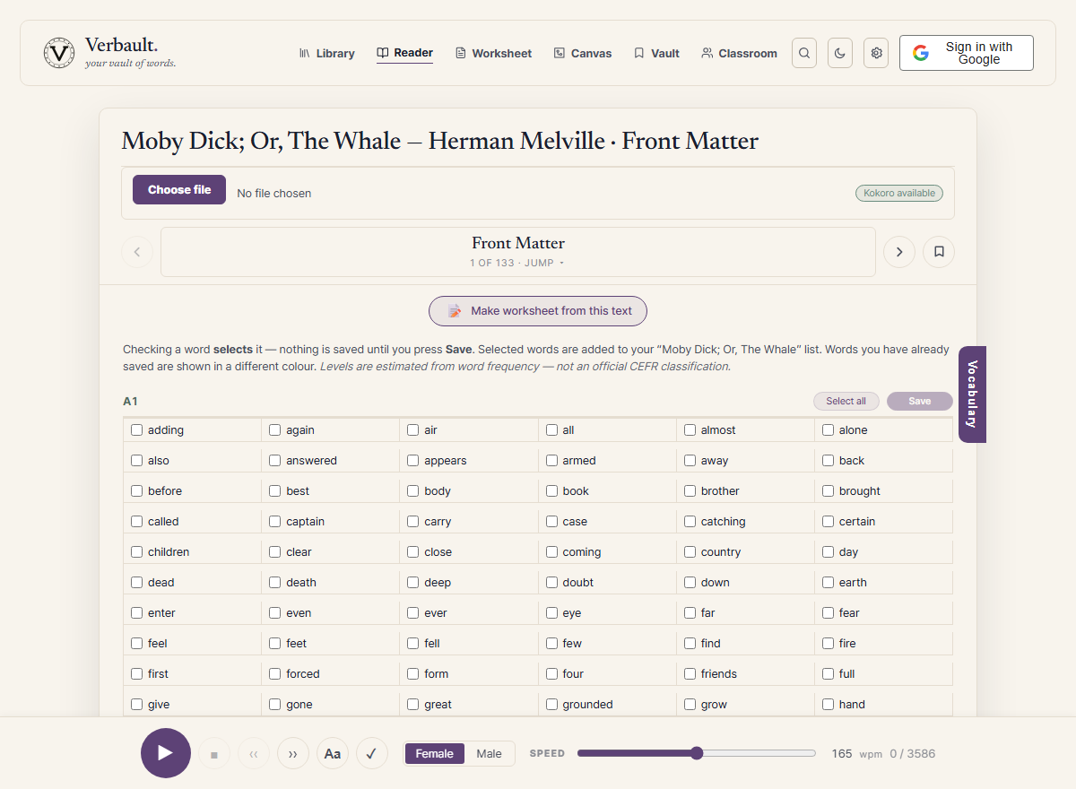 The Verbault Reader Vocabulary tab open over Moby-Dick, listing the book's words grouped by reading level with checkboxes to select words and a Save button