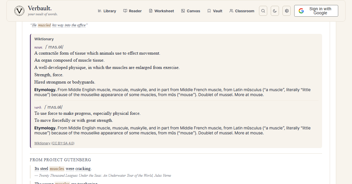 The Verbault word page for muscle, scrolled to its Wiktionary etymology, which traces the word to Latin musculus — literally 'little mouse' — and notes it is a doublet of mussel