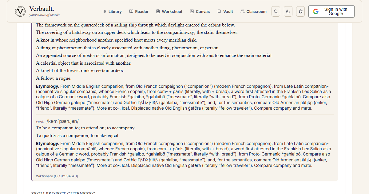 The Verbault word page for companion, scrolled to its Wiktionary etymology, which traces the word to Latin com- ('with') plus panis ('bread')