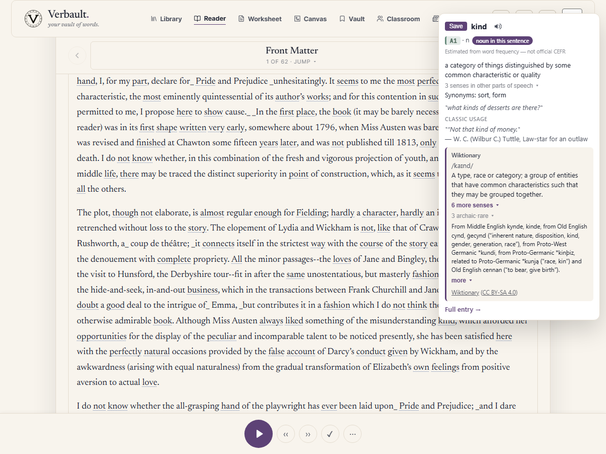 The Verbault Reader with a word tapped inside its sentence, showing a card that leads with the meaning fitting this sentence and keeps the word's senses in other parts of speech one tap below, beside its reading-level badge