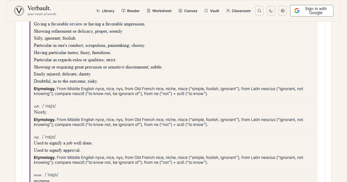 The Verbault word page for the word nice, showing its A2 reading-level badge and an etymology that traces the word from Middle English nyce and Old French nice back to the Latin nescius, “ignorant”