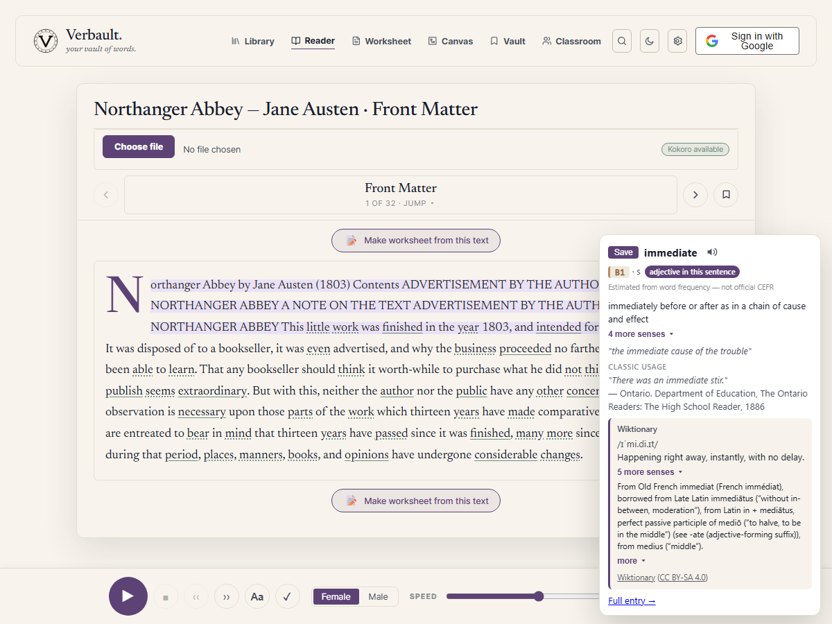 The Verbault Reader open on Northanger Abbey, with a word tapped to show its reading-level badge, its meaning in this sentence, and a button to hear the line read aloud