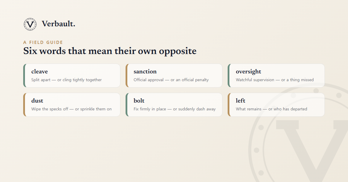 A field-guide card grid titled "Six words that mean their own opposite," pairing each word with its two contradictory senses: cleave (split apart or cling together), sanction (approval or penalty), oversight (supervision or a missed thing), dust (wipe specks off or sprinkle them on), bolt (fix firmly or dash away), and left (what remains or who departed)