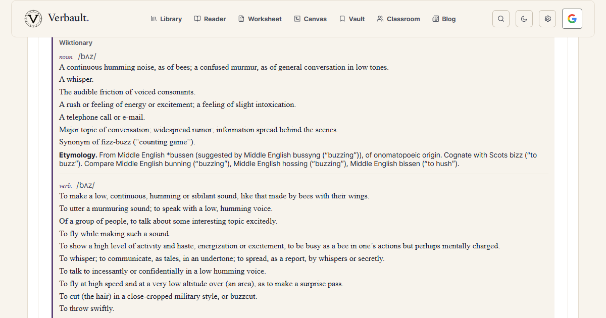 The Verbault word page for buzz, scrolled to its etymology section, which reads that the word comes from Middle English and is "of onomatopoeic origin" — the dictionary's record that buzz was coined to imitate the sound a bee makes