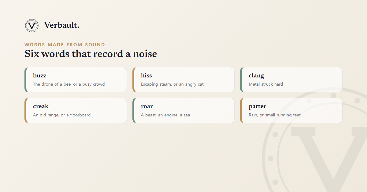 A field-guide card grid titled "Words made from sound," pairing six onomatopoeic words with the noise each one records: buzz (the drone of a bee or a busy crowd), hiss (escaping steam or an angry cat), clang (metal struck hard), creak (an old hinge or a floorboard), roar (a beast, an engine, a sea), and patter (rain or small running feet)
